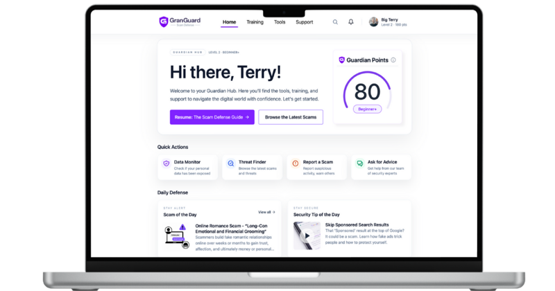 GranGuard dashboard showing data monitoring and threat finding tools