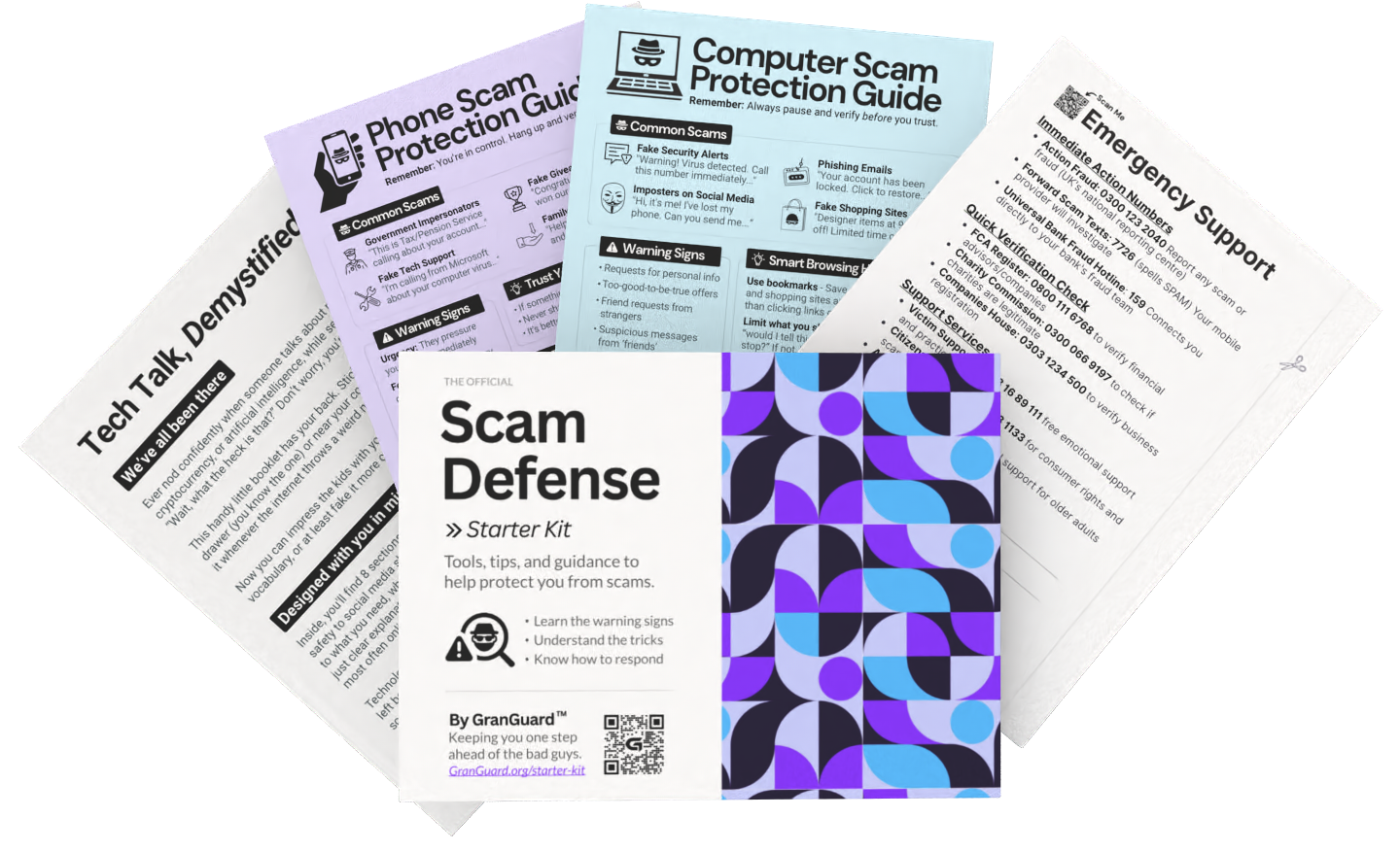 GranGuard Welcome Kit contents including printed scam defense guide, protection cards, and emergency contact magnet